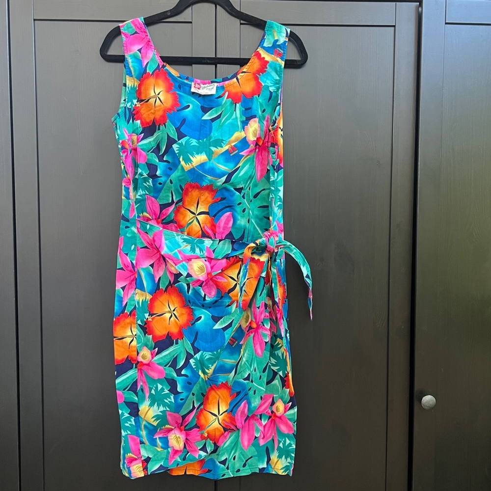 Hilo Hattie Hawaiian Print Cotton Tie Waist Dress Size L